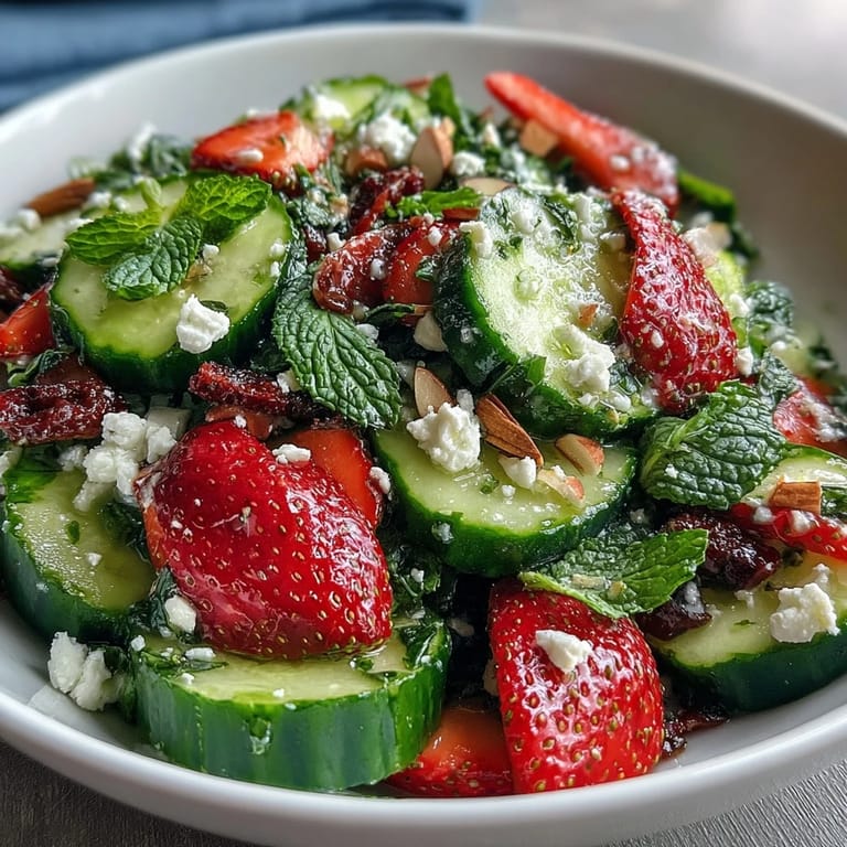 Leichter und bunter Gurken-Erdbeer-Salat mit aromatischer Minze, ideal als gesunde Beilage oder leichtes Mittagessen.