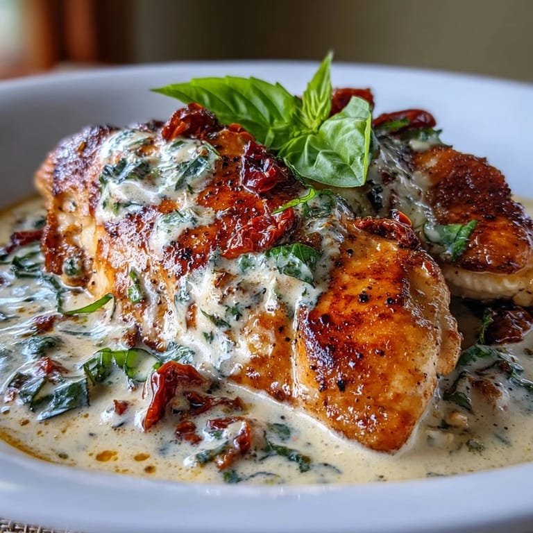 Saftiges Hühnchen in goldener Kruste, serviert mit cremiger Sauce, sonnengetrockneten Tomaten und frischem Basilikum. Italienisch-amerikanischer Genuss.