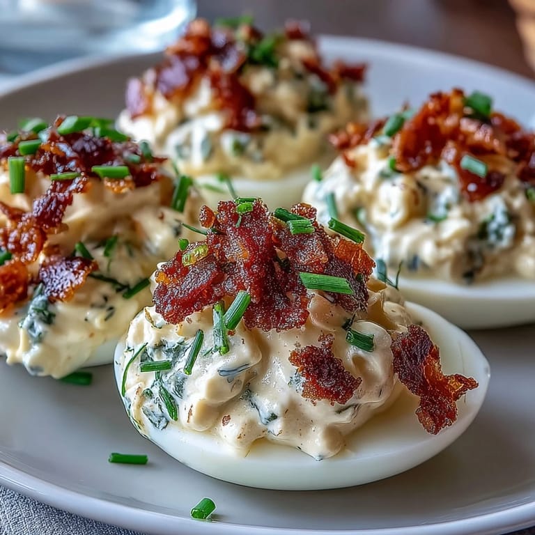 BLT Deviled Eggs mit Bacon-Crumble: saftige Tomaten und knackiger Salat auf cremiger Füllung.