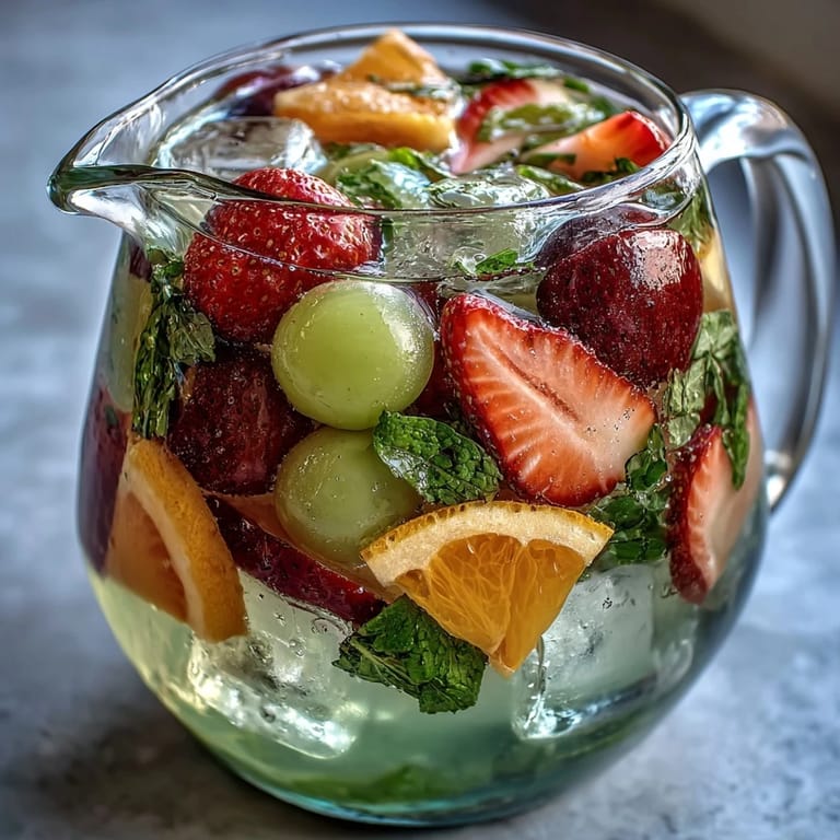 Erfrischender alkoholfreier Sangria mit weißen Trauben, Zitrusfrüchten und Minze