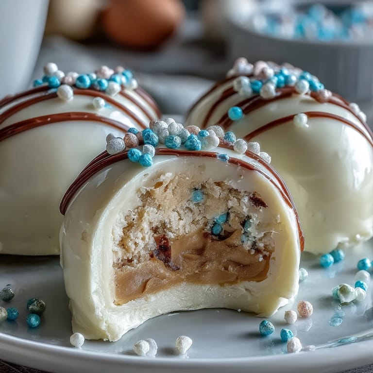 Festliche Ostereier aus weißer Schokolade und Erdnussbutter: glatte Füllung umhüllt von cremiger Schokolade, dekoriert mit farbenfrohen Streuseln.