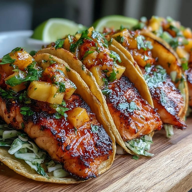 Farbenfrohe Tacos mit zartem gegrilltem Lachs, frischer Mangosalsa und würzigem Rotkohl, ein sommerlicher Genuss.
