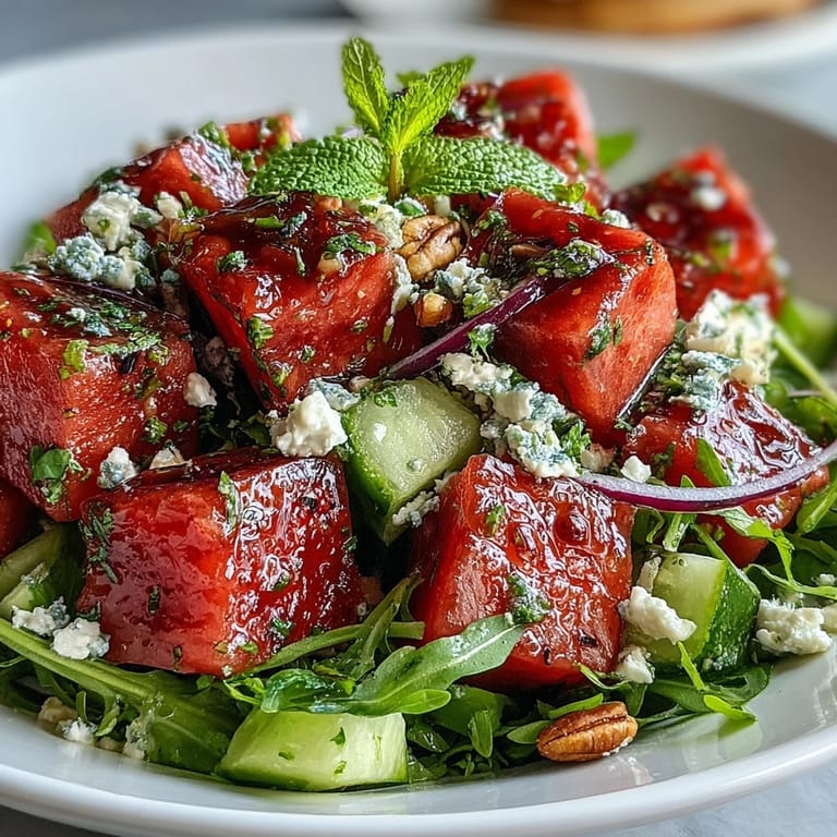 Frische Wassermelonen-Arugulasalat mit cremigem Feta und Limetten-Dressing.