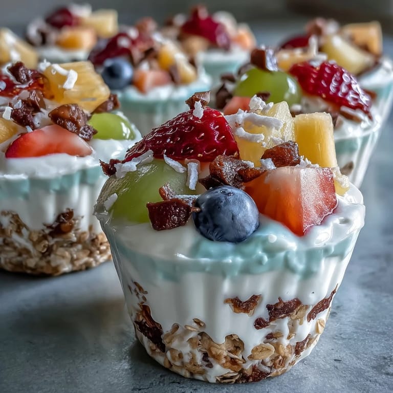 Fußball-förmige Snack-Cups mit bunten Früchten, Joghurt und knusprigem Granola für eine gesunde Stärkung.