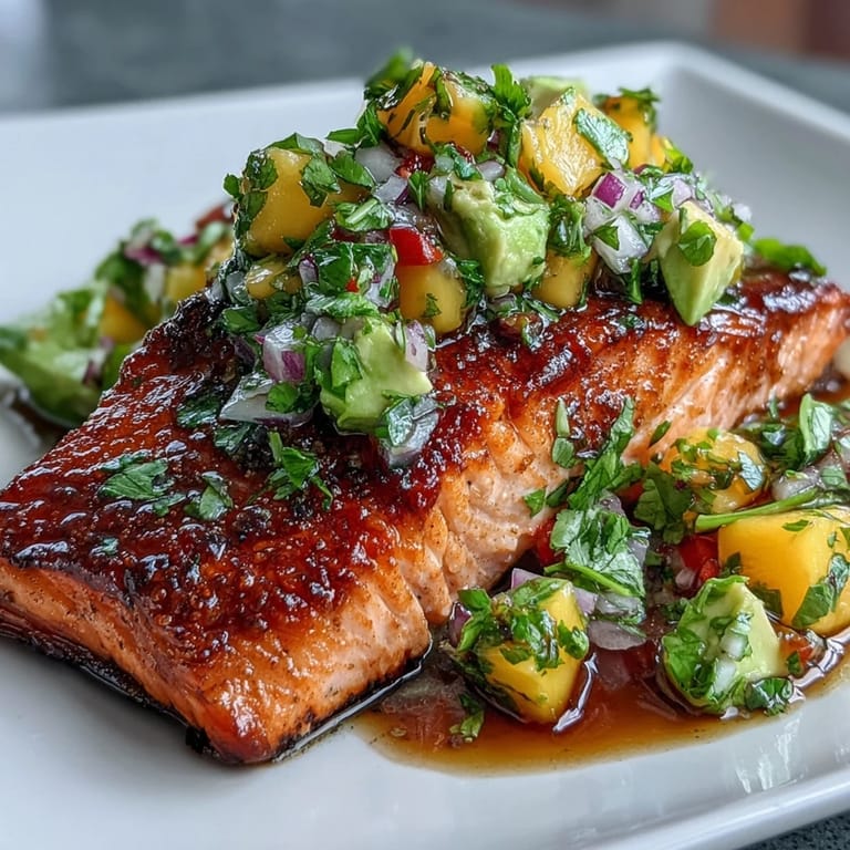 Saftiger gebackener Lachs mit leuchtender Mango-Avocado-Salsa und frischem Koriander