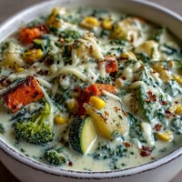 Creamy Garlic Parmesan Veggie Soup in a rustic bowl topped with extra cheese and fresh herbs