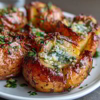Golden-brown Smashed Garlic & Herb Potatoes fresh from the oven, topped with fresh parsley and chives.
