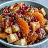 Vibrant Winter Fruit Salad with Cinnamon Vanilla Dressing in a white bowl, featuring pomegranate seeds and mandarin slices.
