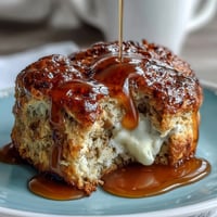Zarte, goldene Scones mit floralen Löwenzahnblüten und Honig, serviert mit reichhaltiger Clotted Cream – perfekt für ein Frühlingsbrunch.