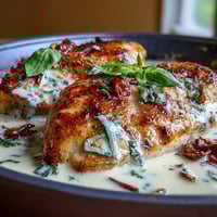 Creamy Tuscan Chicken mit sonnengetrockneten Tomaten in einer reichen, cremigen Sauce mit Spinat und Parmesan. Perfekt für ein gemütliches Abendessen.