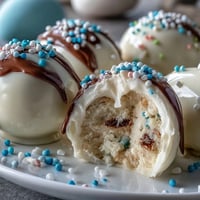 Weiße Schokolade Erdnussbutter Ostereier mit Streuseln: cremige Erdnussbutter-Füllung in weißer Schokolade getaucht und mit bunten Streuseln verziert.