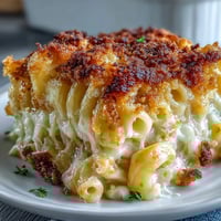 Käsiges Nudelauflauf mit goldener Kruste und cremiger Cheddar-Sauce.