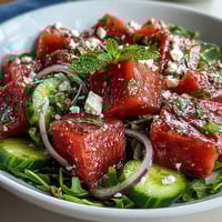 Wassermelonen-Arugulasalat mit Feta und Minze in heller Schüssel.
