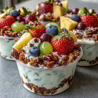 Fußball-Snack-Cups mit frischem Obst und knusprigem Granola in bunten, einzelnen Portionen.